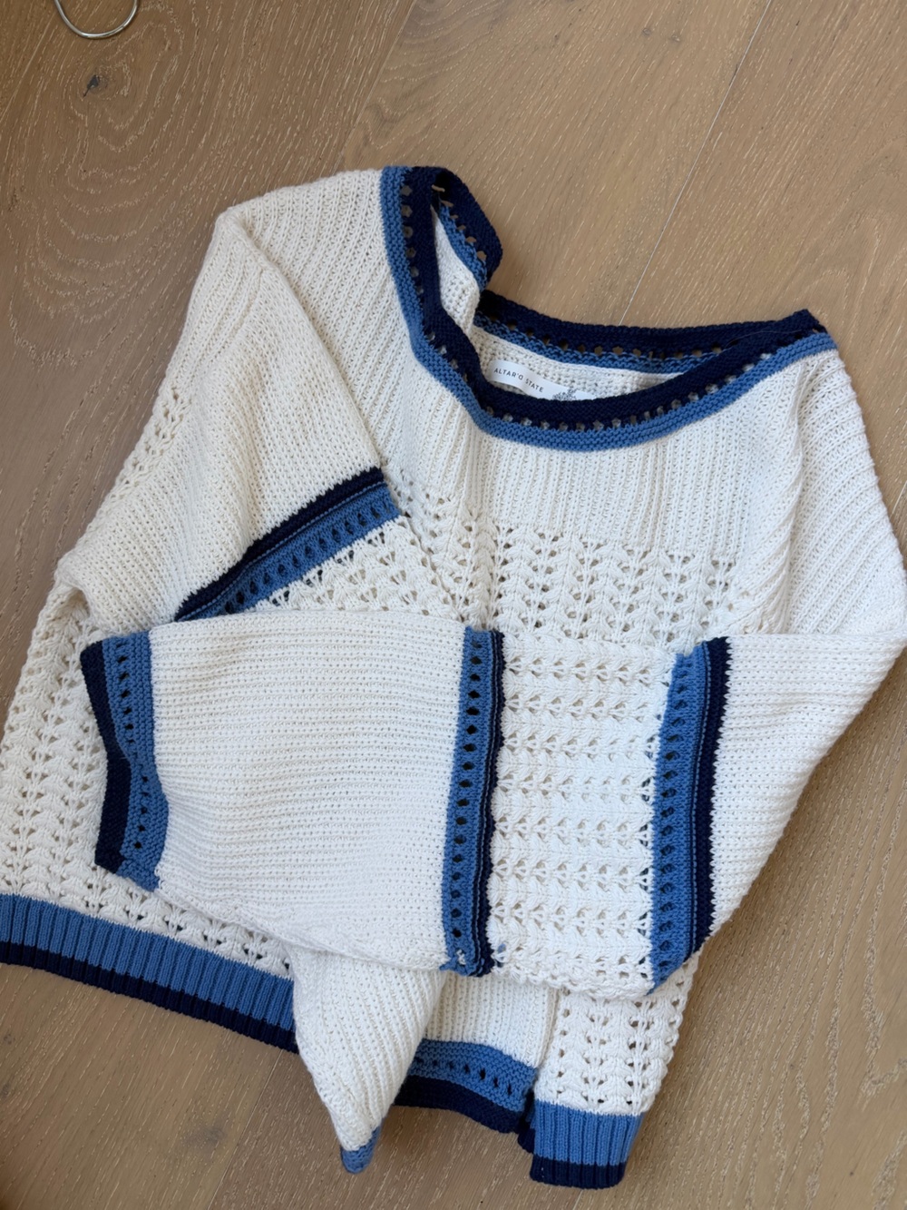 Altar'd State Cream Knit Sweater with Navy and Medium Blue Trim.